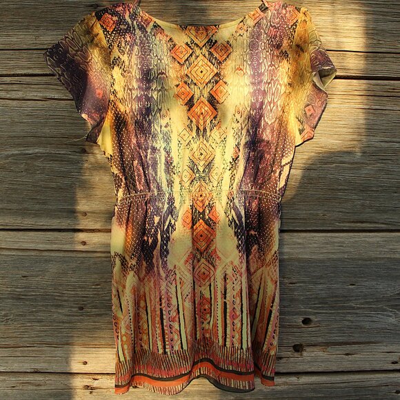 'Energe World Wear' green orange flutter sleeve sequin v-neck snake print top - Picture 5 of 7